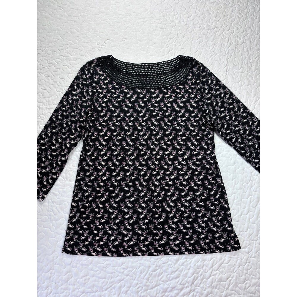 Croft & Barrow Black Purple Butterfly Long Sleeve 100% Cotton Blouse sz medium